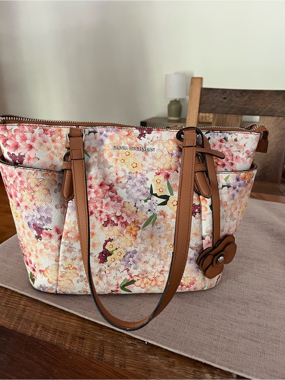Dana Buchman Floral Tote in Multi Pastel with Tan Trim